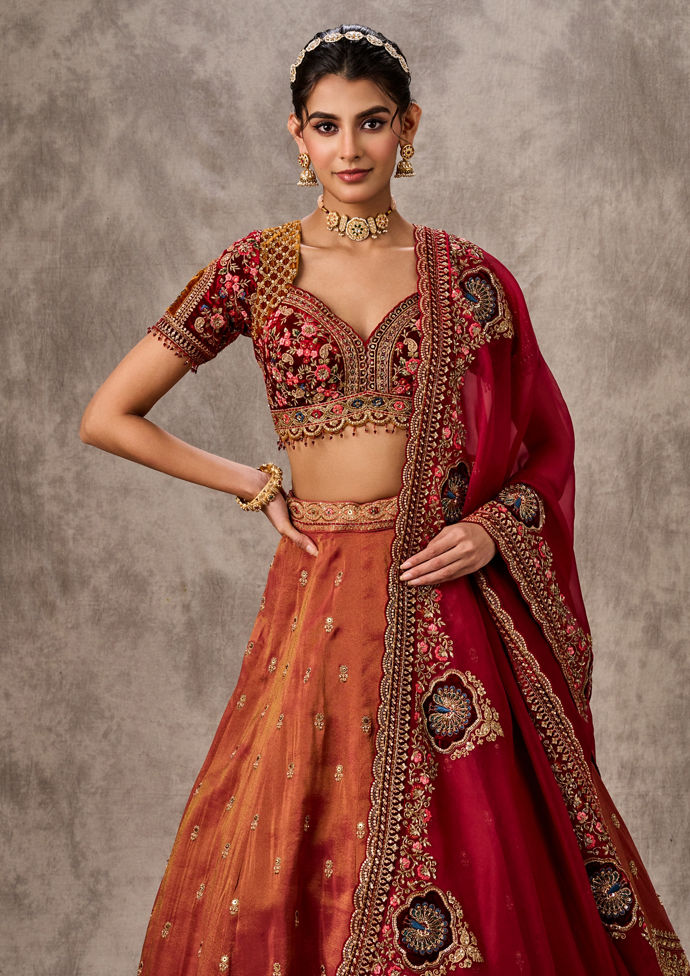 Twamev Women Gajree Peach Tissue Lehenga