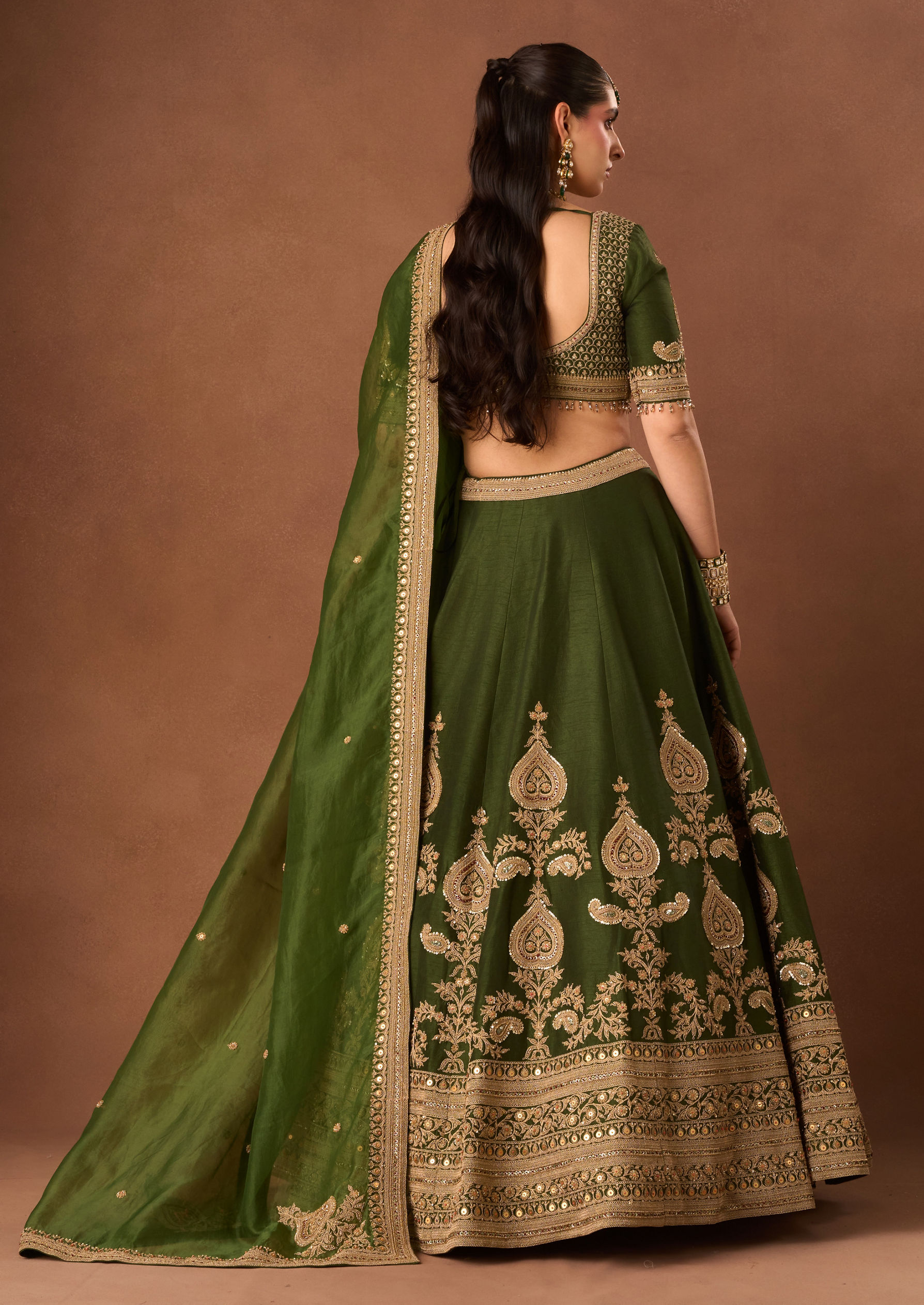 Twamev Women Bottle Green Art Silk Lehenga with Embroidery