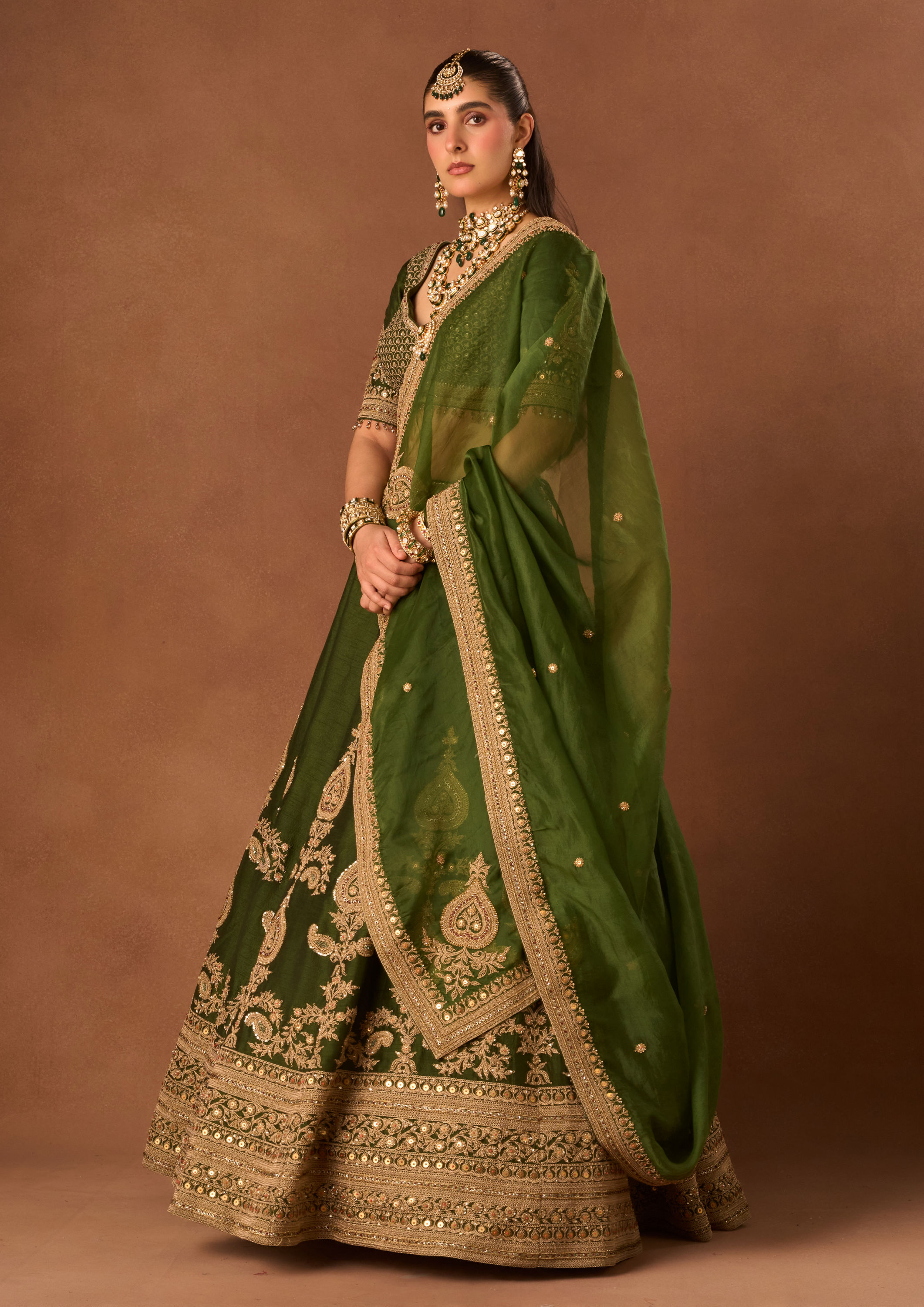 Twamev Women Bottle Green Art Silk Lehenga with Embroidery
