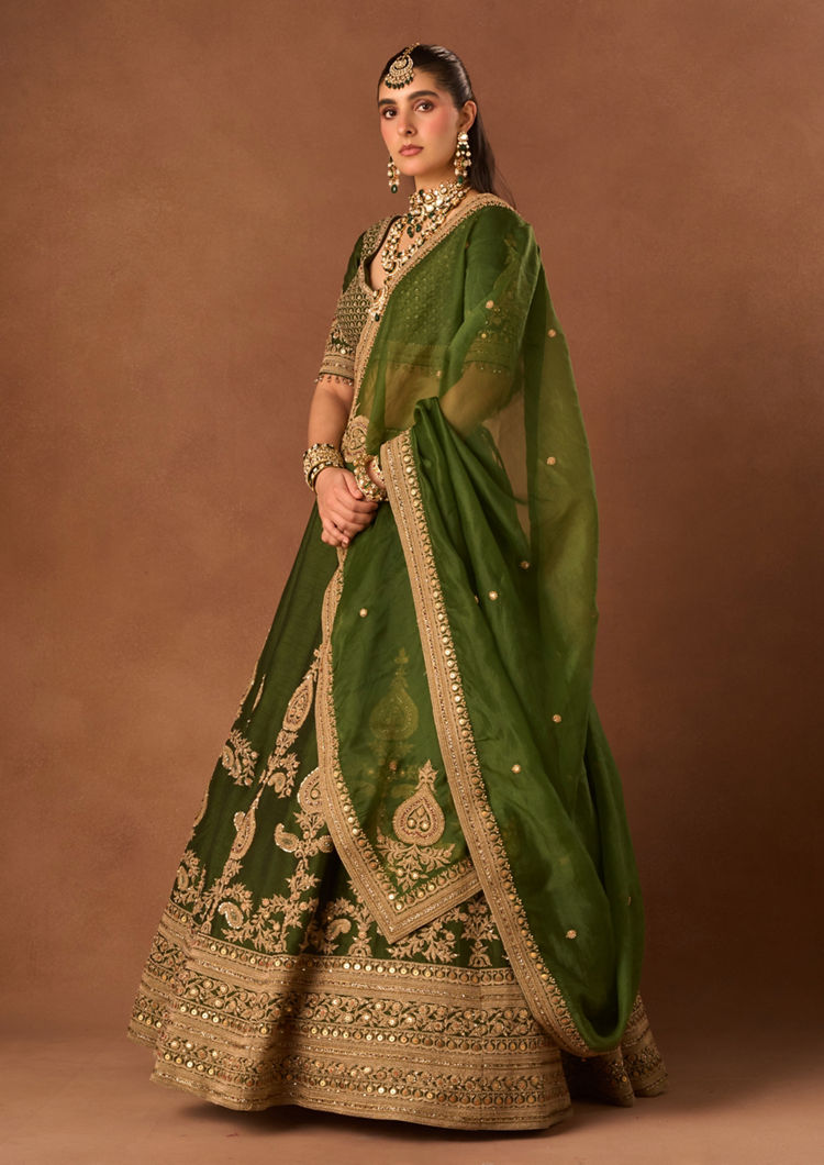 Twamev Women Bottle Green Art Silk Lehenga with Embroidery