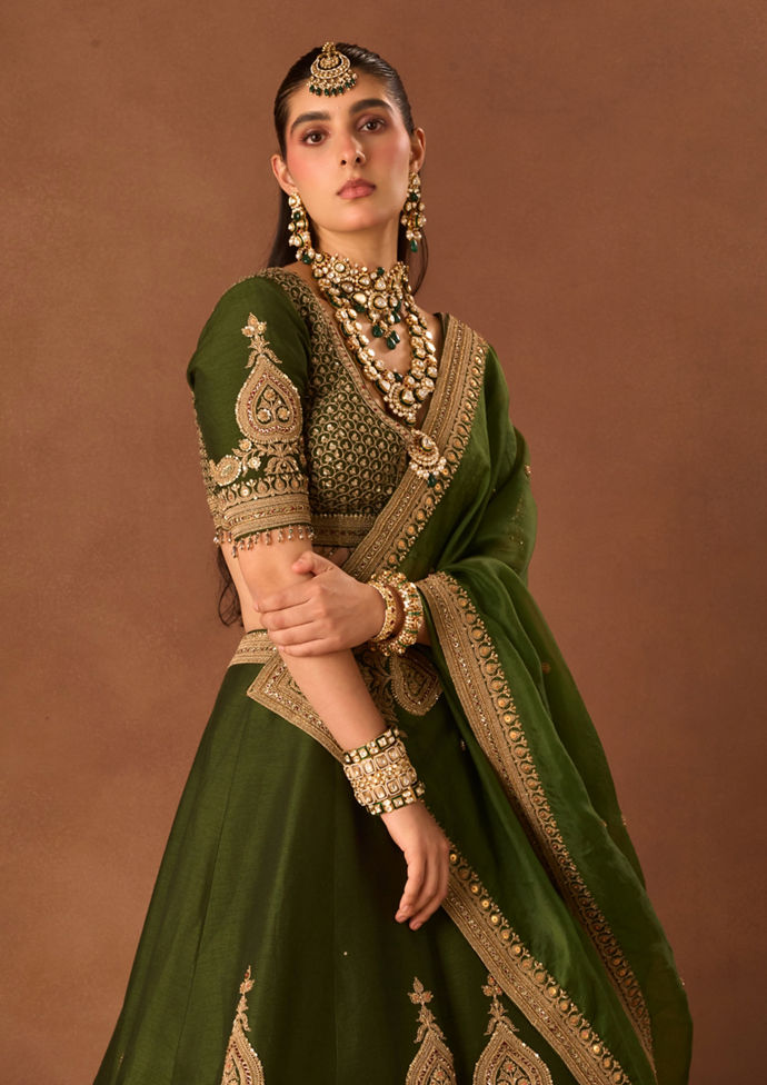 Twamev Women Bottle Green Art Silk Lehenga with Embroidery