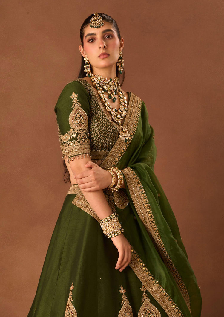 Twamev Women Bottle Green Art Silk Lehenga with Embroidery