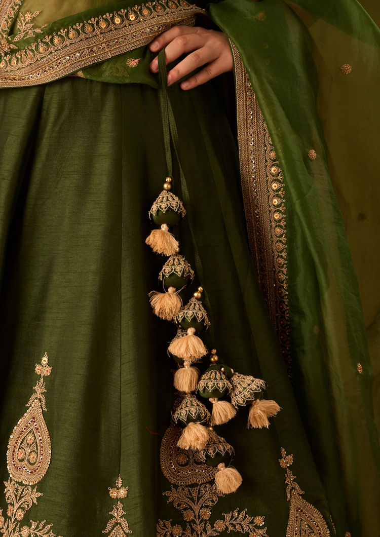 Twamev Women Bottle Green Art Silk Lehenga with Embroidery