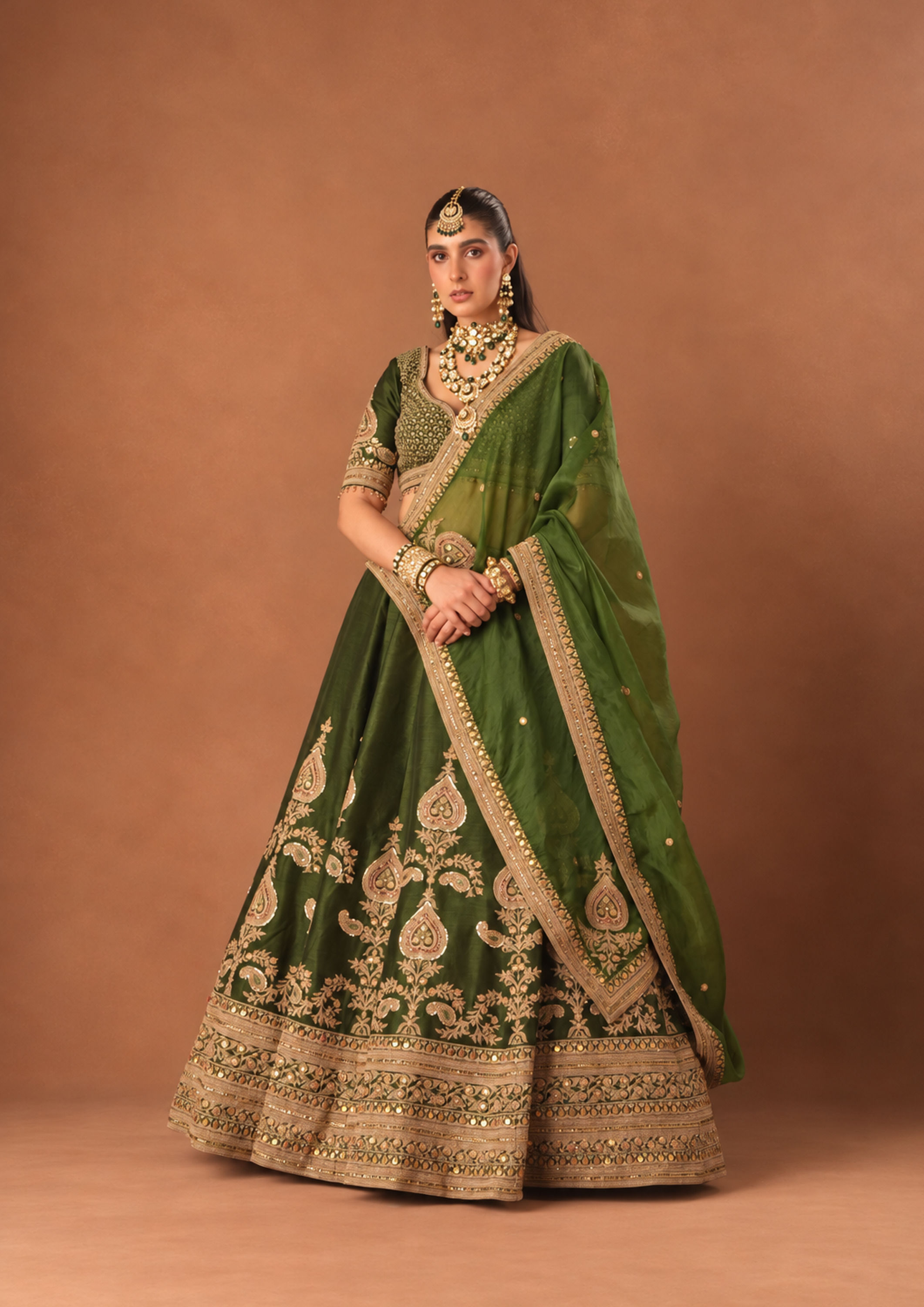 Twamev Women Bottle Green Art Silk Lehenga with Embroidery