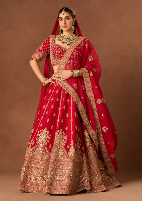 Twamev Women Red Art Silk Lehenga with Embroidery