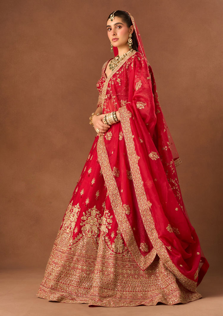 Twamev Women Red Art Silk Lehenga with Embroidery