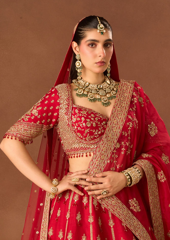 Twamev Women Red Art Silk Lehenga with Embroidery