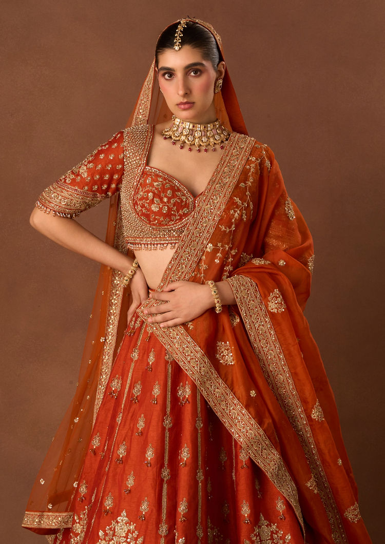 Twamev Women Orange Art Silk Lehenga with Embroidery