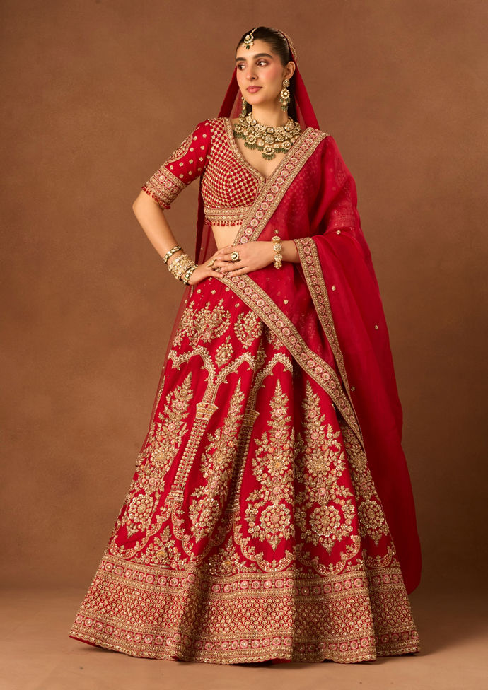 Twamev Women Red Art Silk Lehenga with Embroidery and Beads