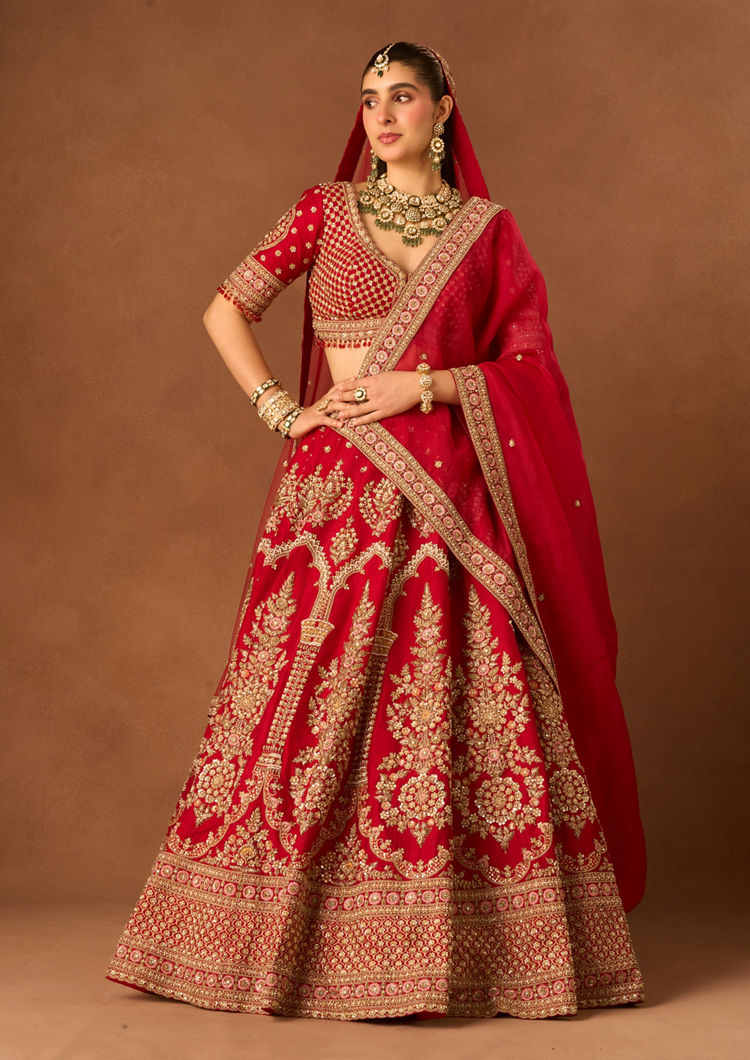 Twamev Women Red Art Silk Lehenga with Embroidery and Beads