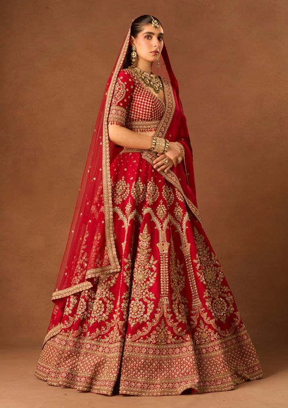 Twamev Women Red Art Silk Lehenga with Embroidery and Beads