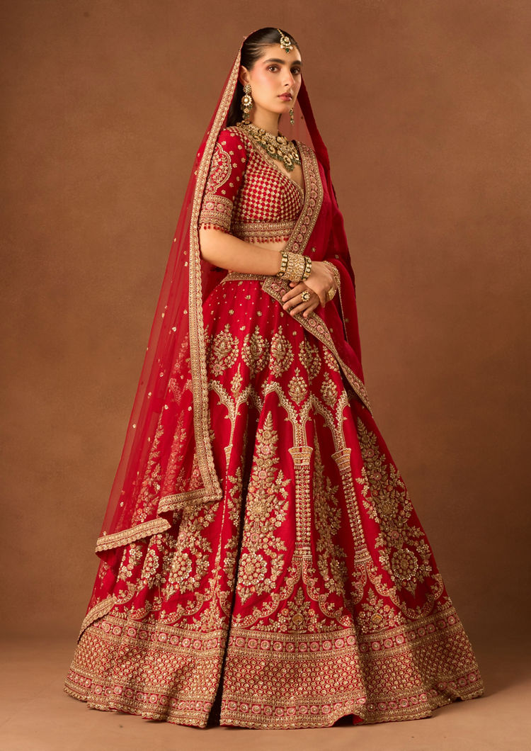 Twamev Women Red Art Silk Lehenga with Embroidery and Beads