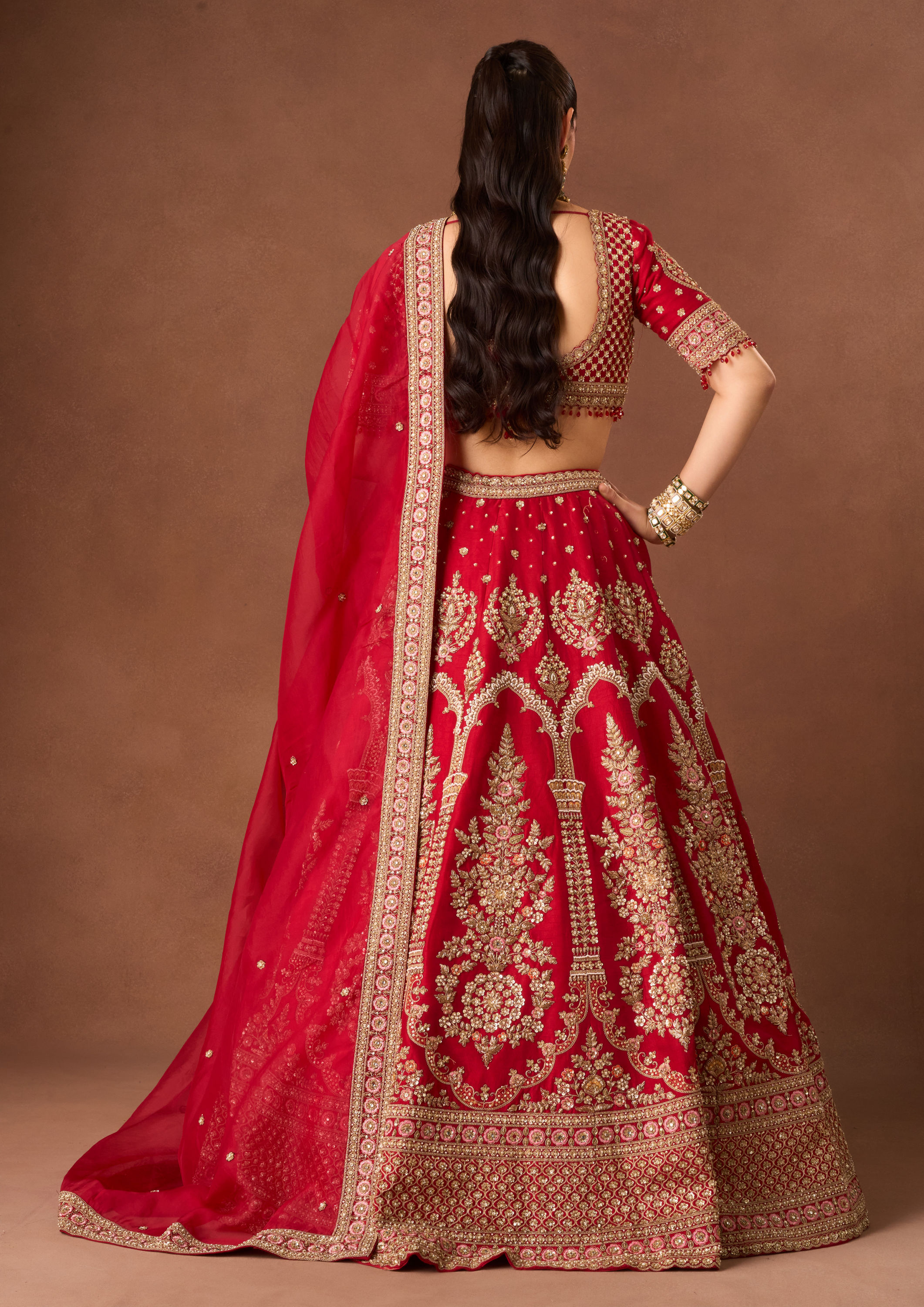 Twamev Women Red Art Silk Lehenga with Embroidery and Beads