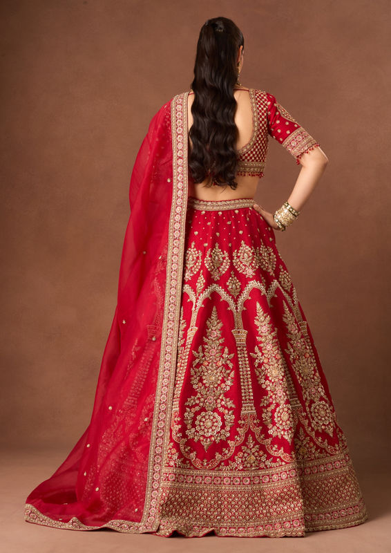 Twamev Women Red Art Silk Lehenga with Embroidery and Beads