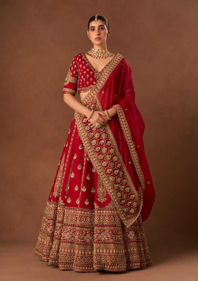 Twamev Women Red Art Silk Lehenga with Embroidery