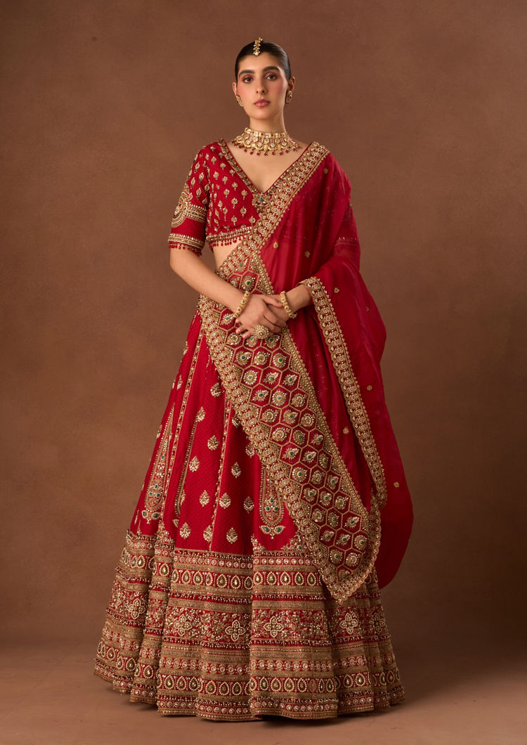 Twamev Women Red Art Silk Lehenga with Embroidery