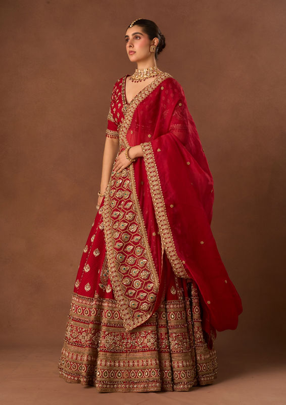 Twamev Women Red Art Silk Lehenga with Embroidery