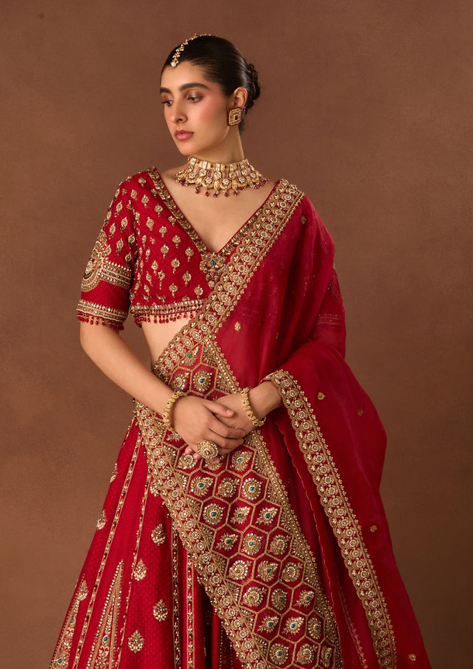Twamev Women Red Art Silk Lehenga with Embroidery