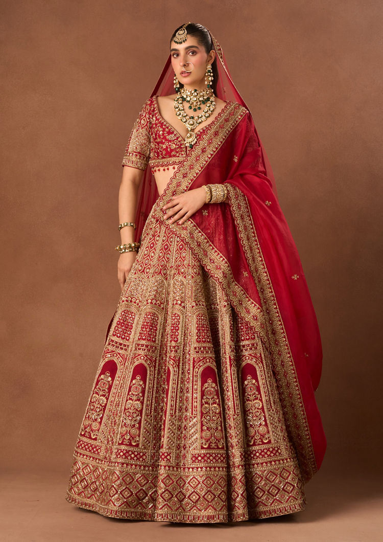 Twamev Women Red Art Silk Lehenga with Embroidery