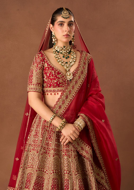Twamev Women Red Art Silk Lehenga with Embroidery