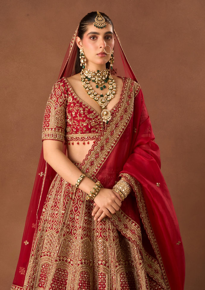 Twamev Women Red Art Silk Lehenga with Embroidery