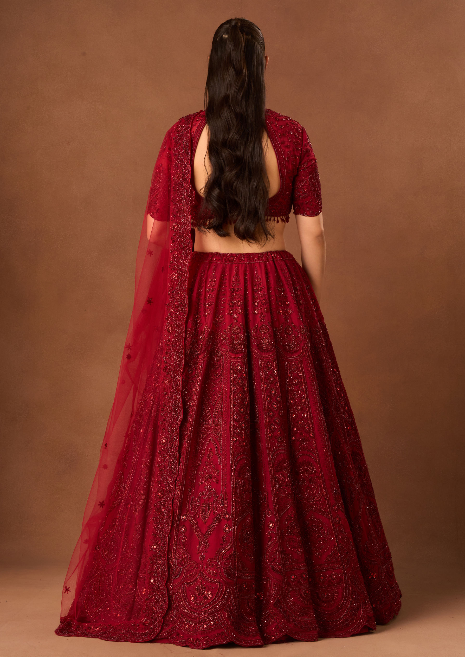 Twamev Women Maroon Organza Lehenga with Embroidery