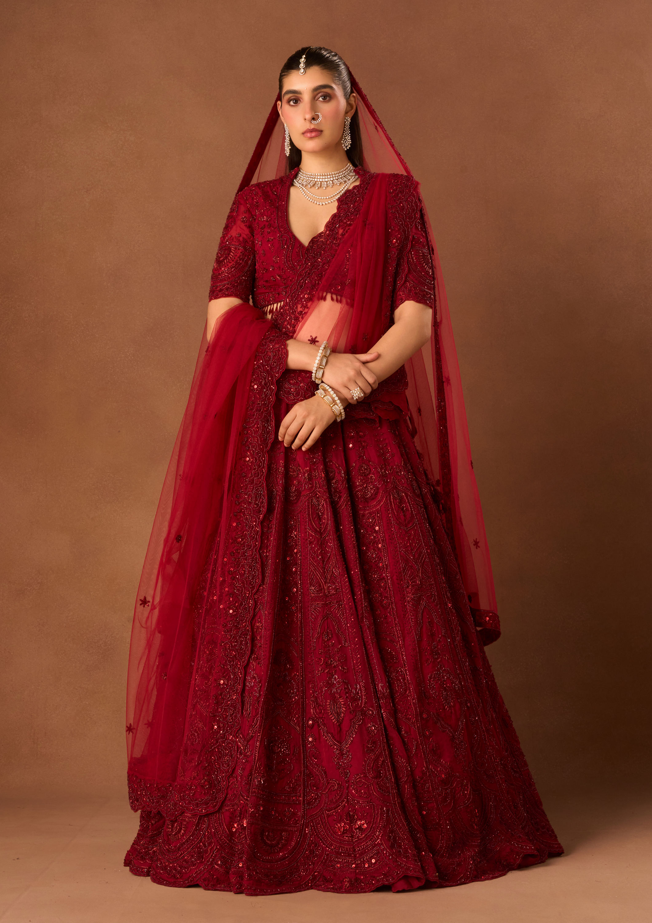 Twamev Women Maroon Organza Lehenga with Embroidery