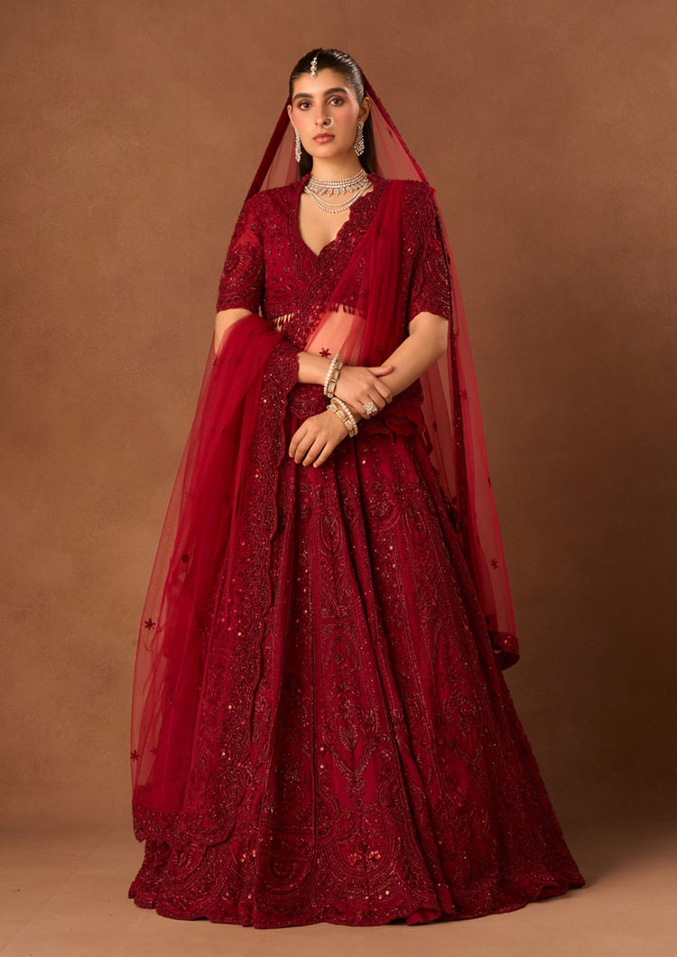 Twamev Women Maroon Organza Lehenga with Embroidery