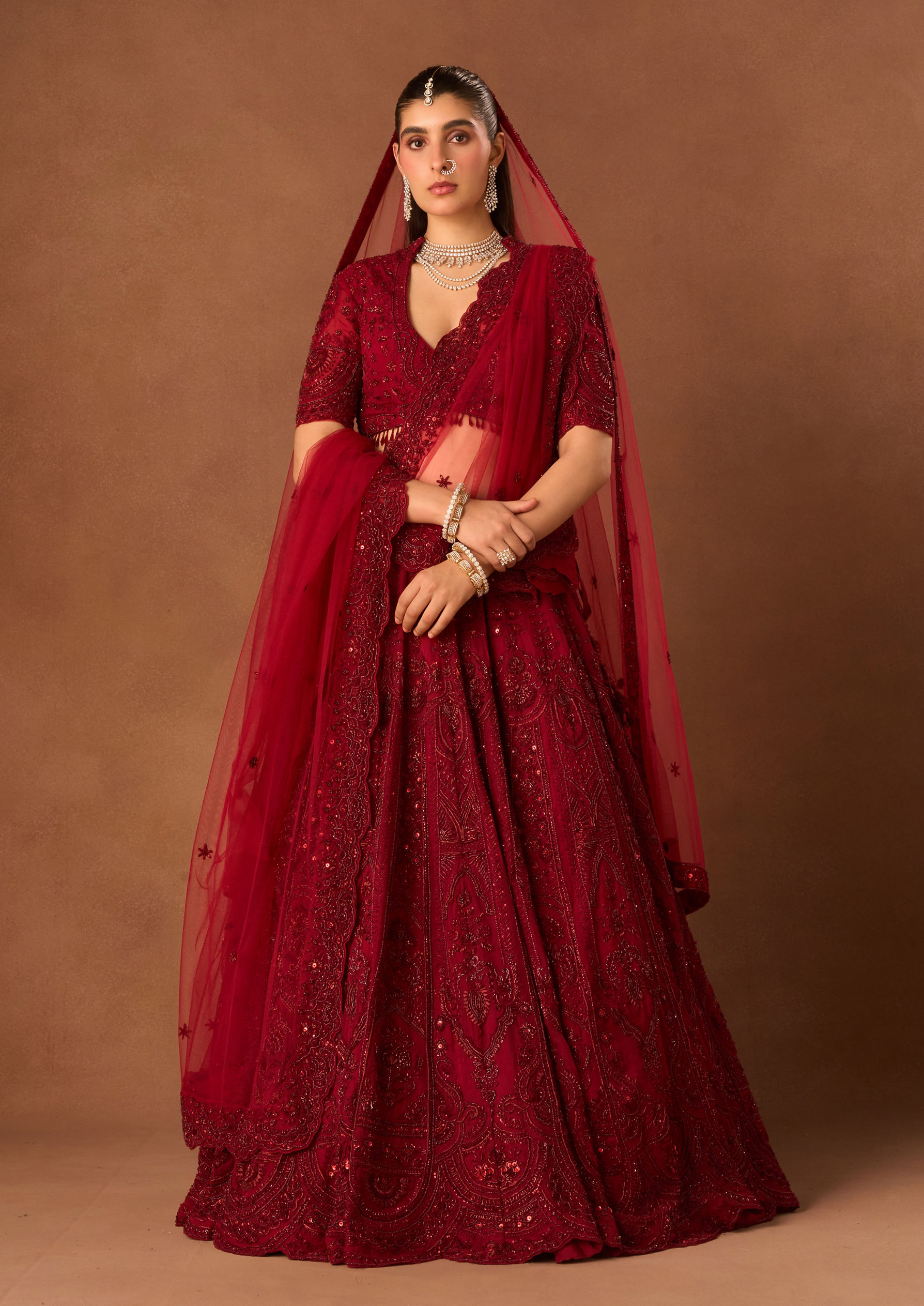 Twamev Women Maroon Organza Lehenga with Embroidery
