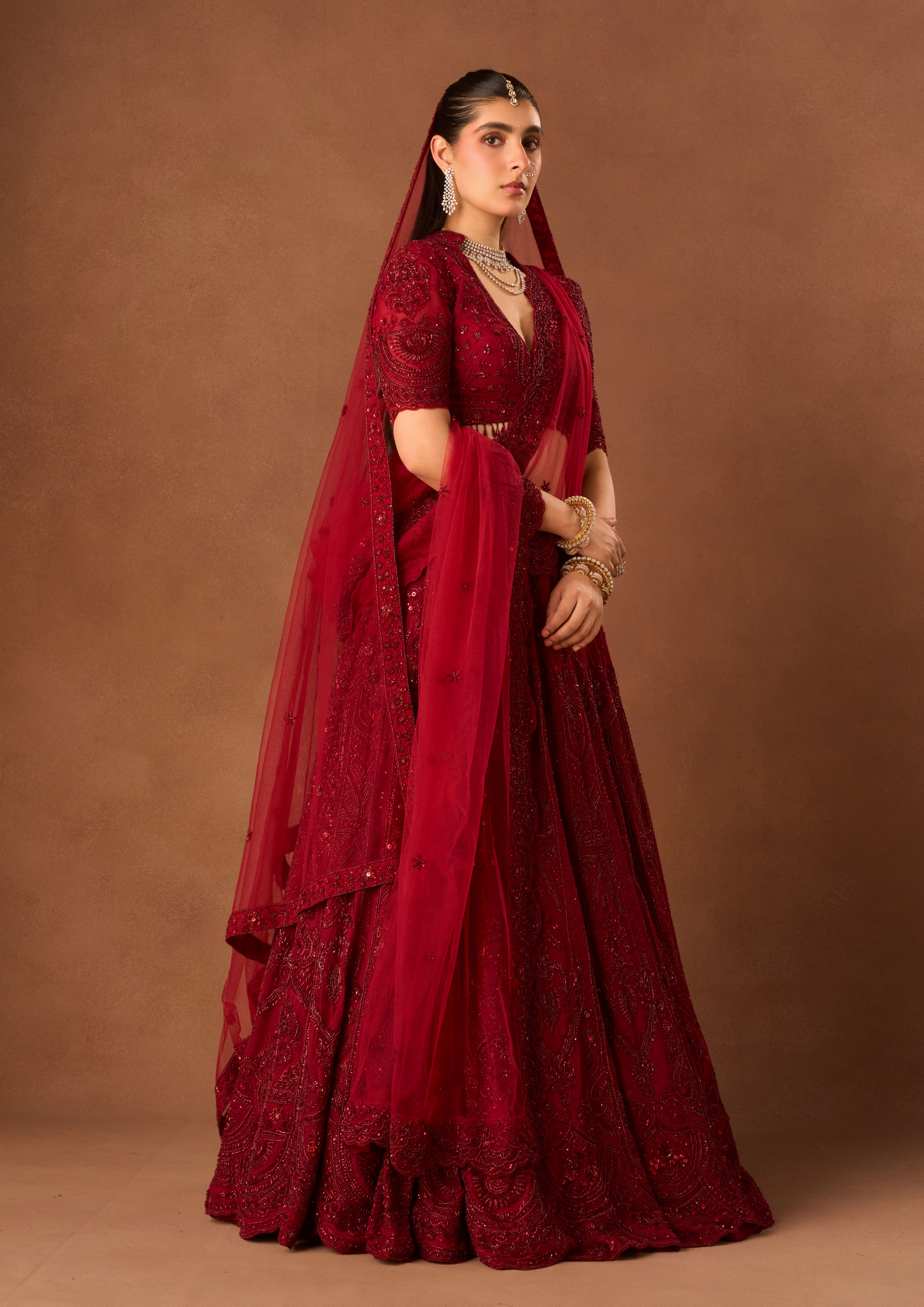 Twamev Women Maroon Organza Lehenga with Embroidery