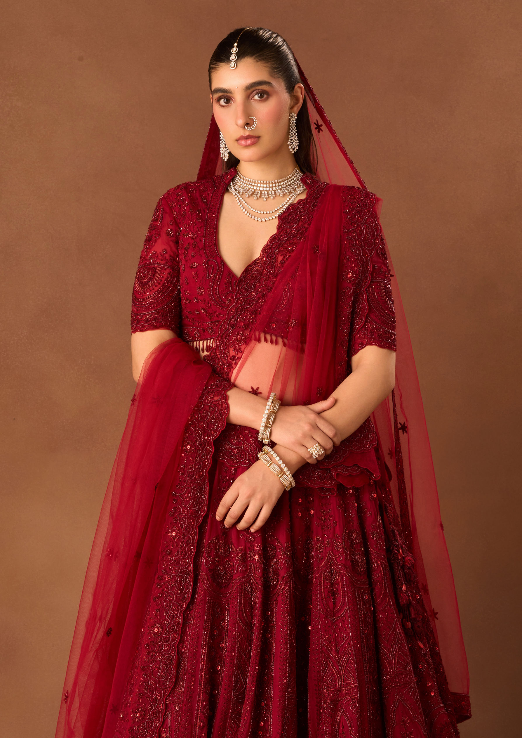 Twamev Women Maroon Organza Lehenga with Embroidery