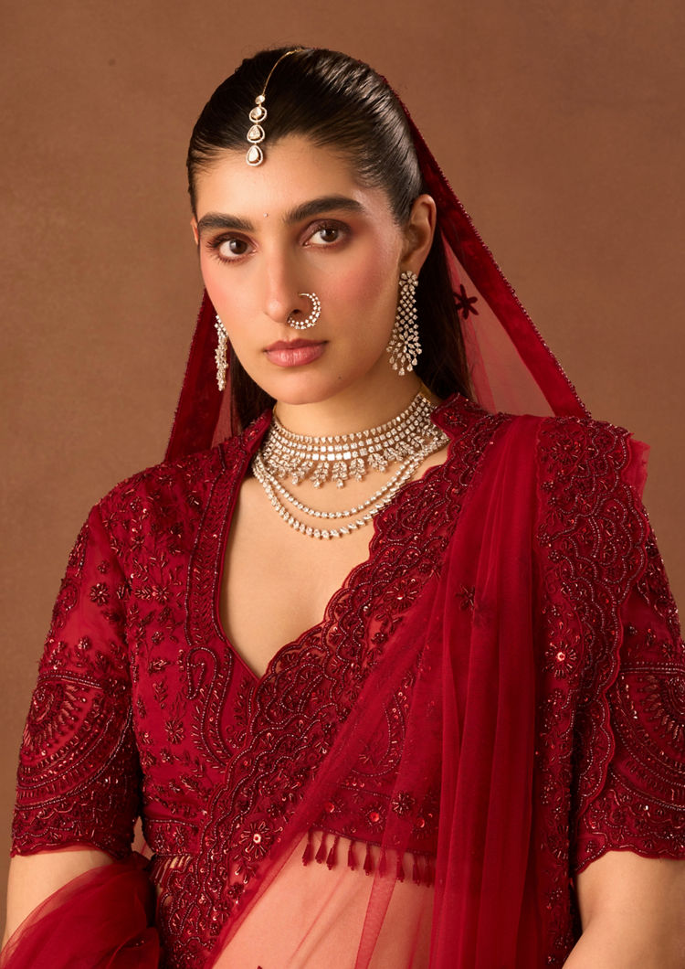 Twamev Women Maroon Organza Lehenga with Embroidery