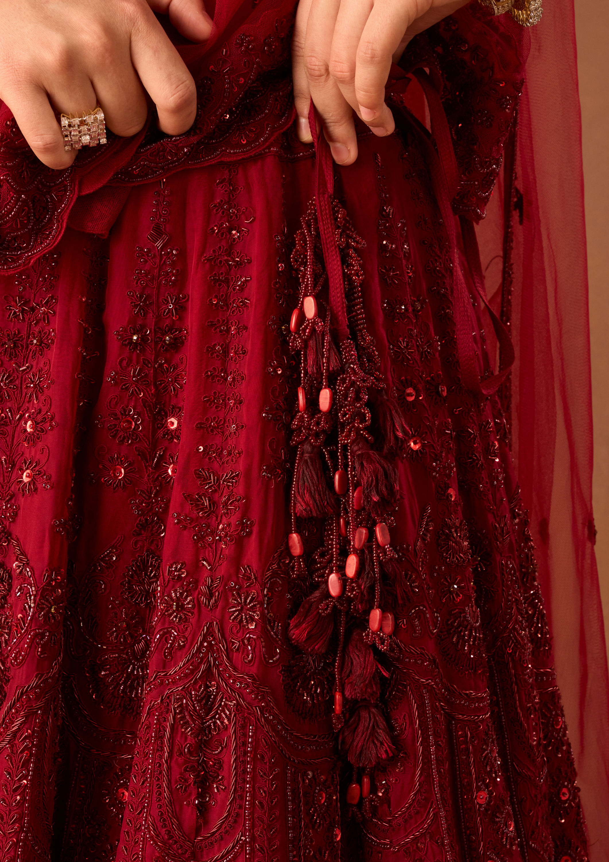Twamev Women Maroon Organza Lehenga with Embroidery