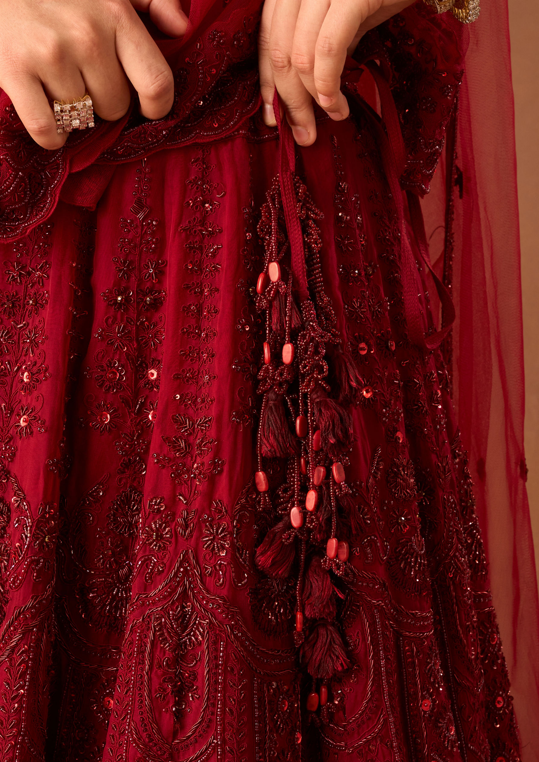 Twamev Women Maroon Organza Lehenga with Embroidery
