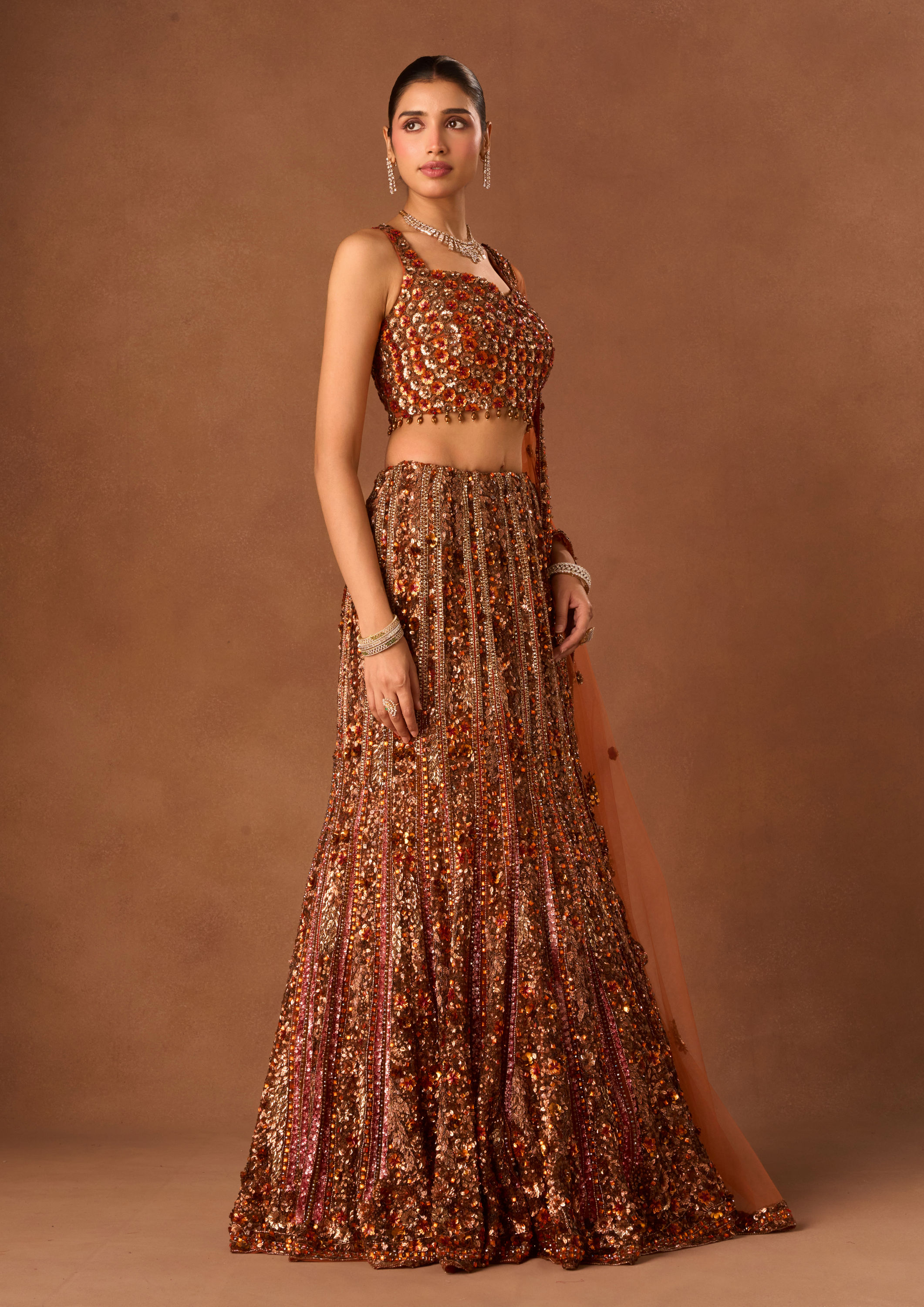Twamev Women Orange Net Lehenga with Embroidery