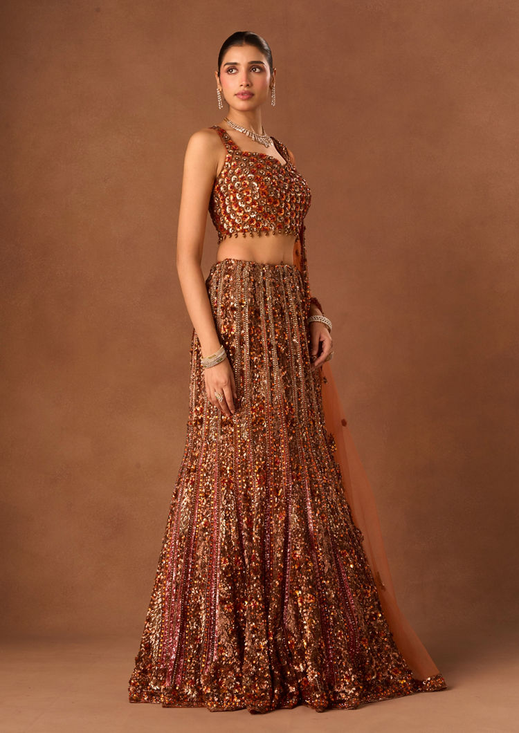Twamev Women Orange Net Lehenga with Embroidery