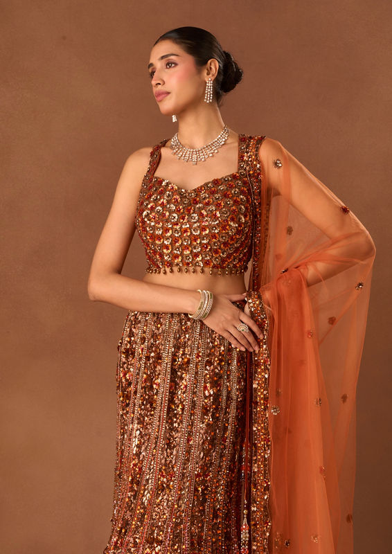 Twamev Women Orange Net Lehenga with Embroidery