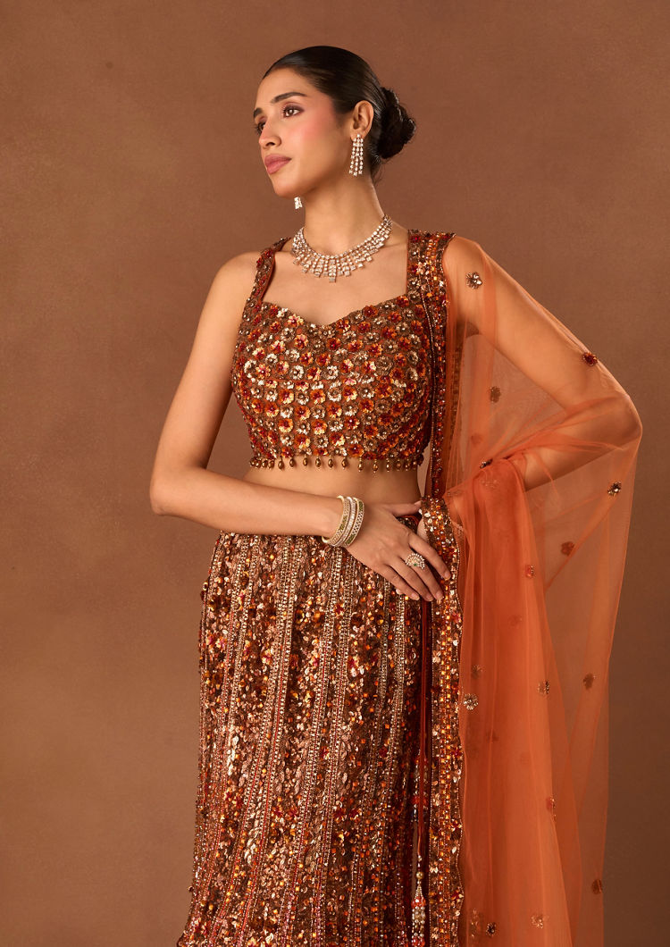 Twamev Women Orange Net Lehenga with Embroidery