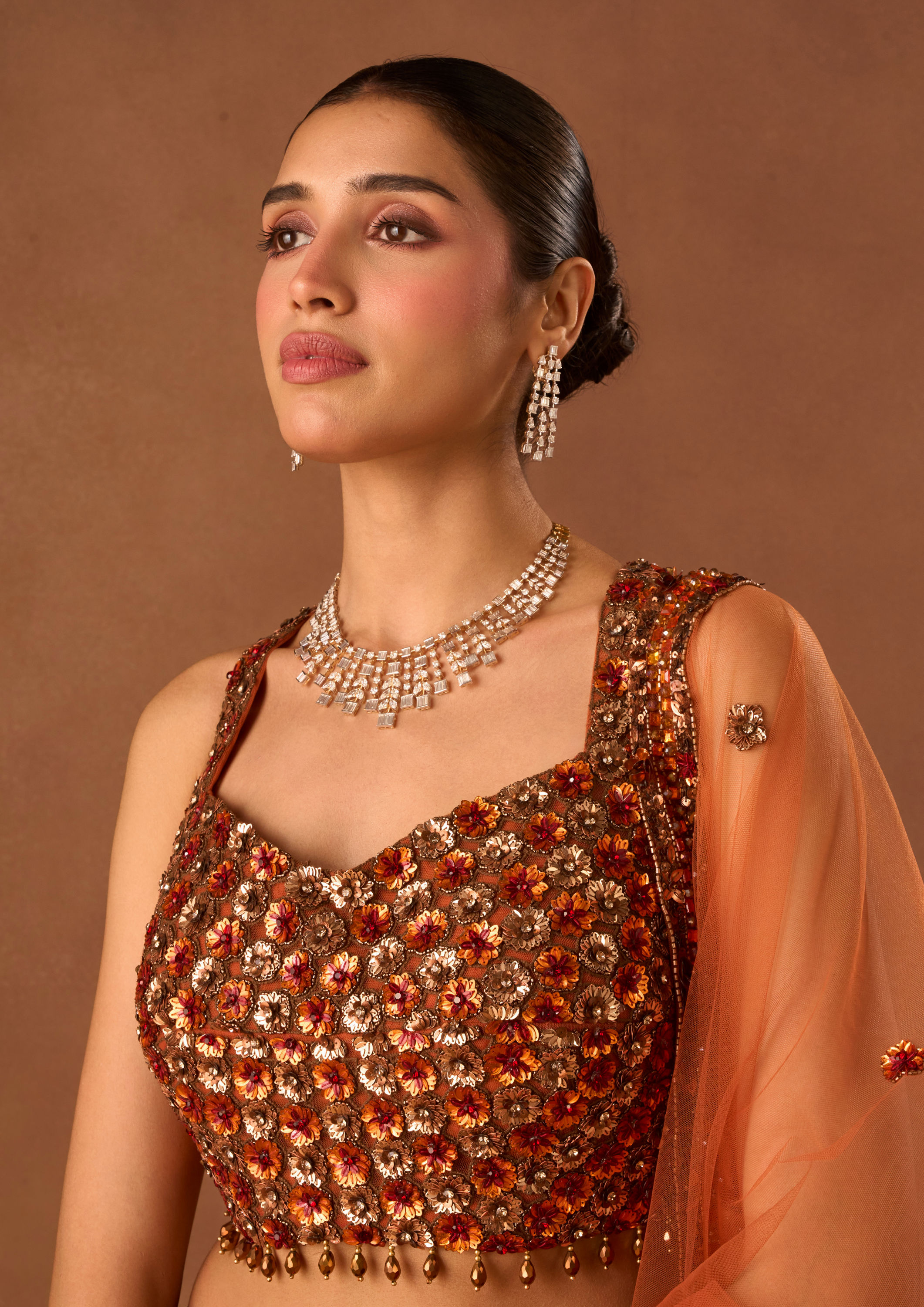 Twamev Women Orange Net Lehenga with Embroidery