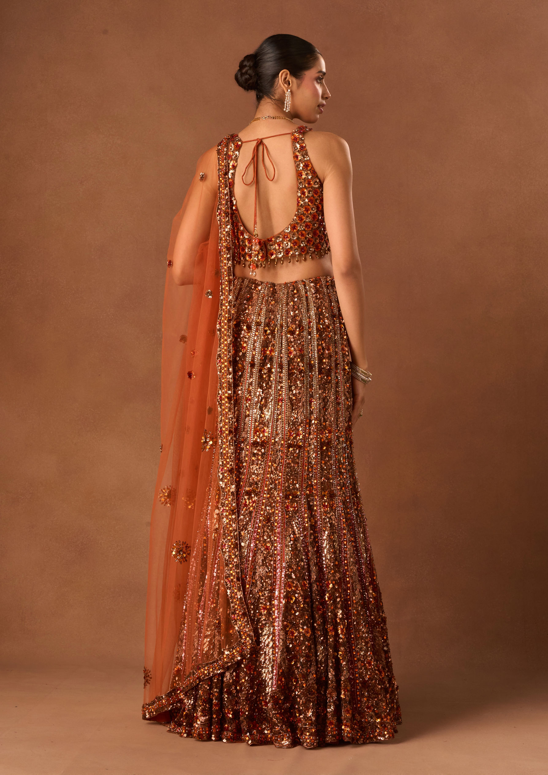 Twamev Women Orange Net Lehenga with Embroidery