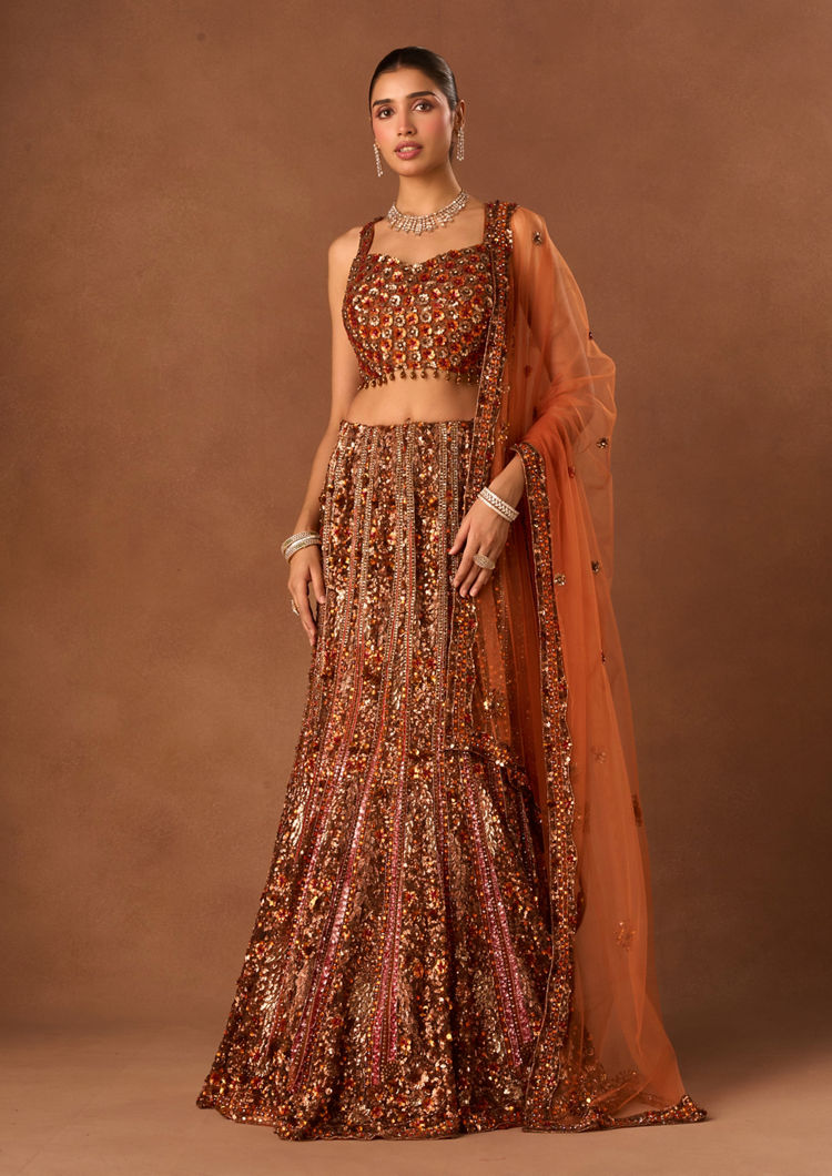 Twamev Women Orange Net Lehenga with Embroidery