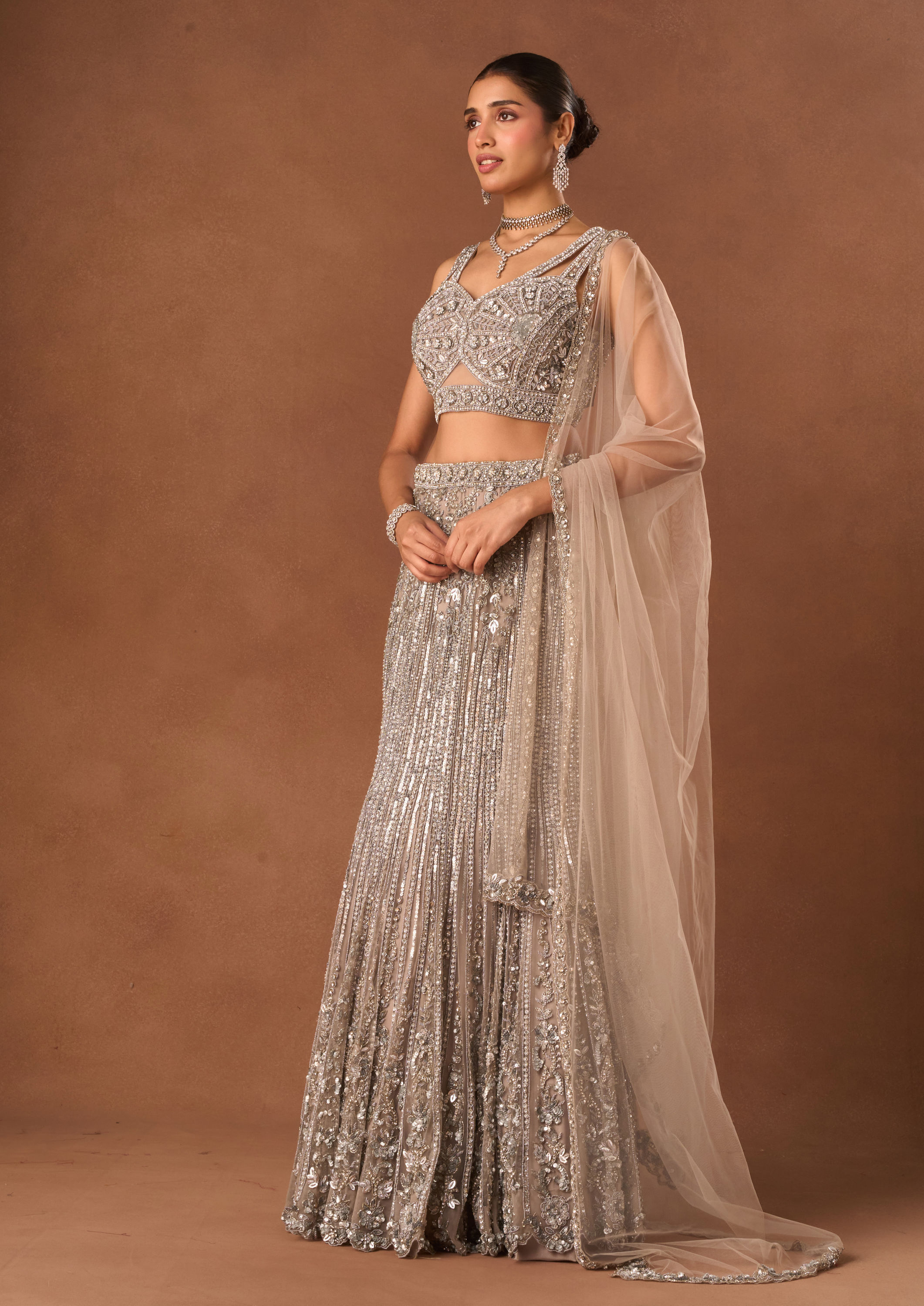 Twamev Women Silver Net Lehenga with Embroidery