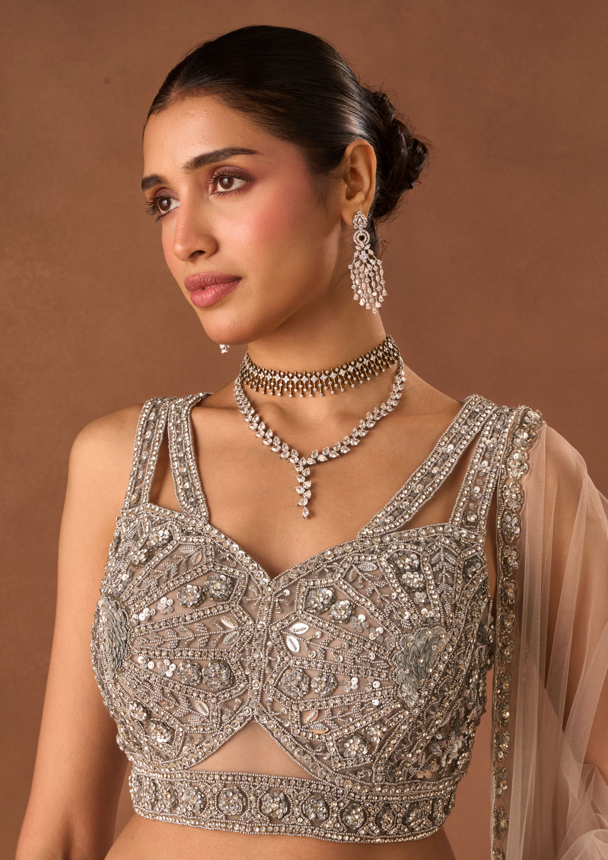 Twamev Women Silver Net Lehenga with Embroidery