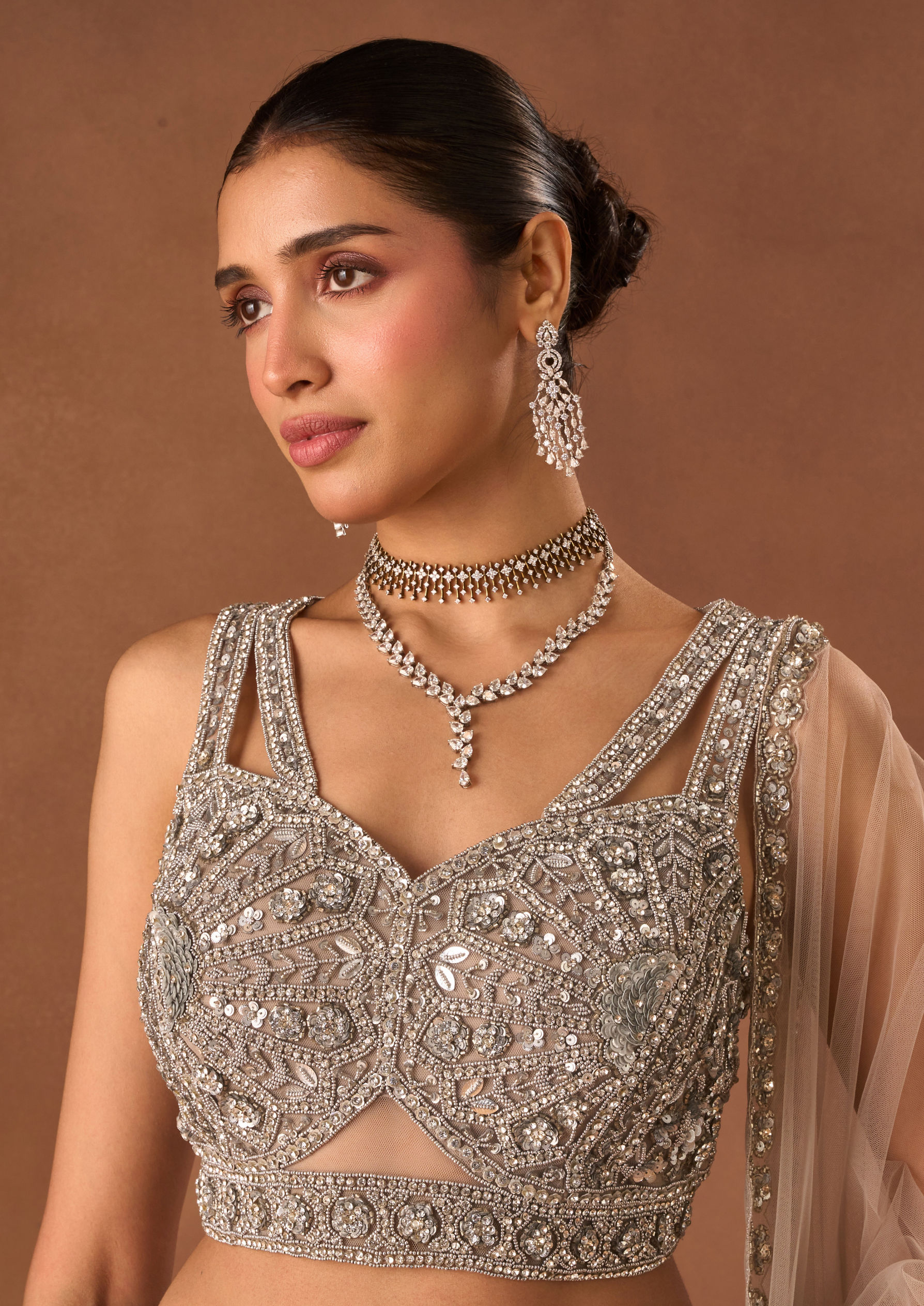 Twamev Women Silver Net Lehenga with Embroidery