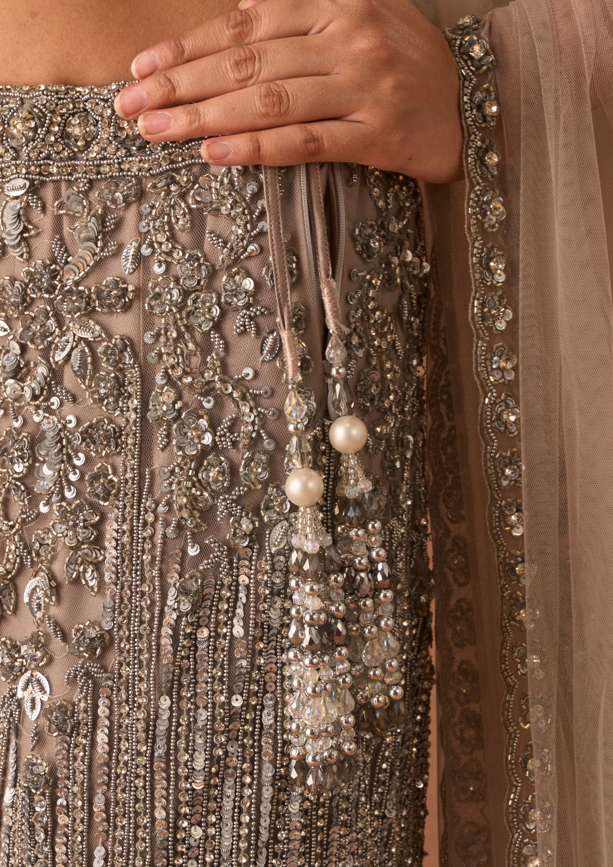 Twamev Women Silver Net Lehenga with Embroidery