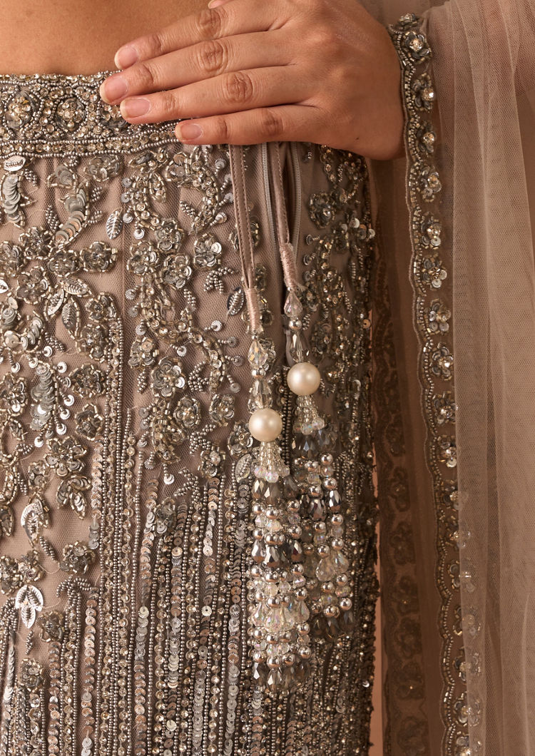 Twamev Women Silver Net Lehenga with Embroidery