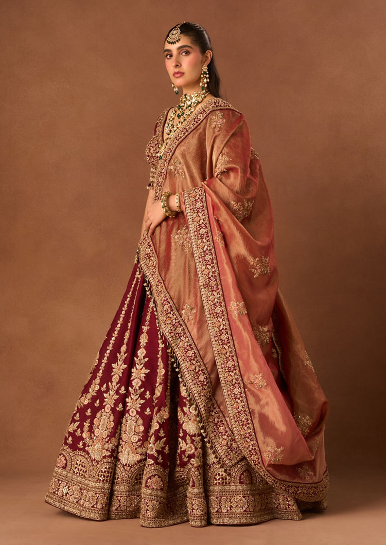 Twamev Women Maroon Art Silk Lehenga with Embroidery