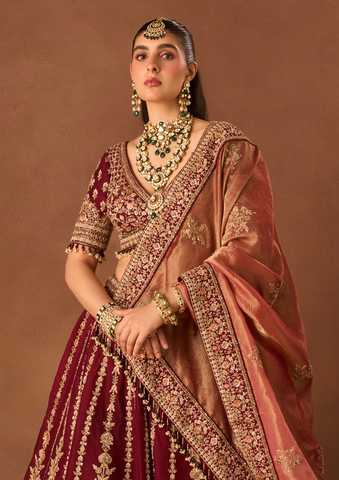 Twamev Women Maroon Art Silk Lehenga with Embroidery