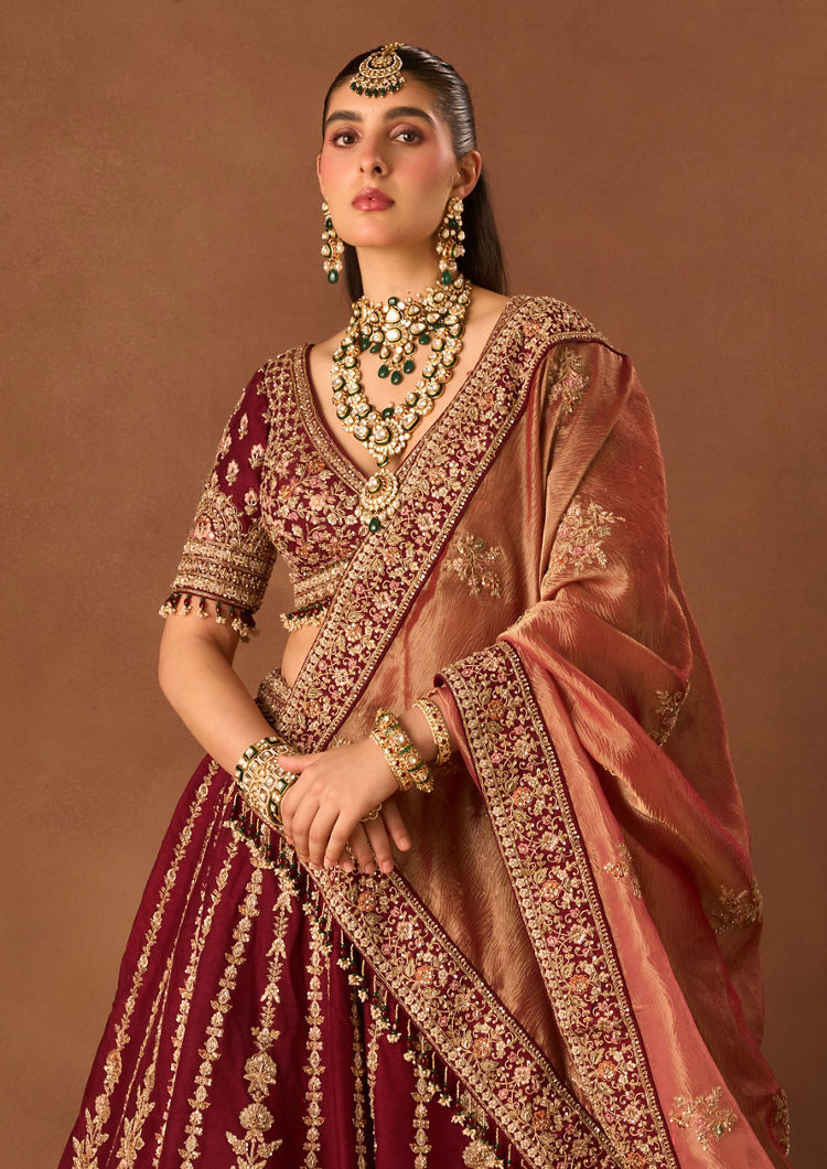 Twamev Women Maroon Art Silk Lehenga with Embroidery