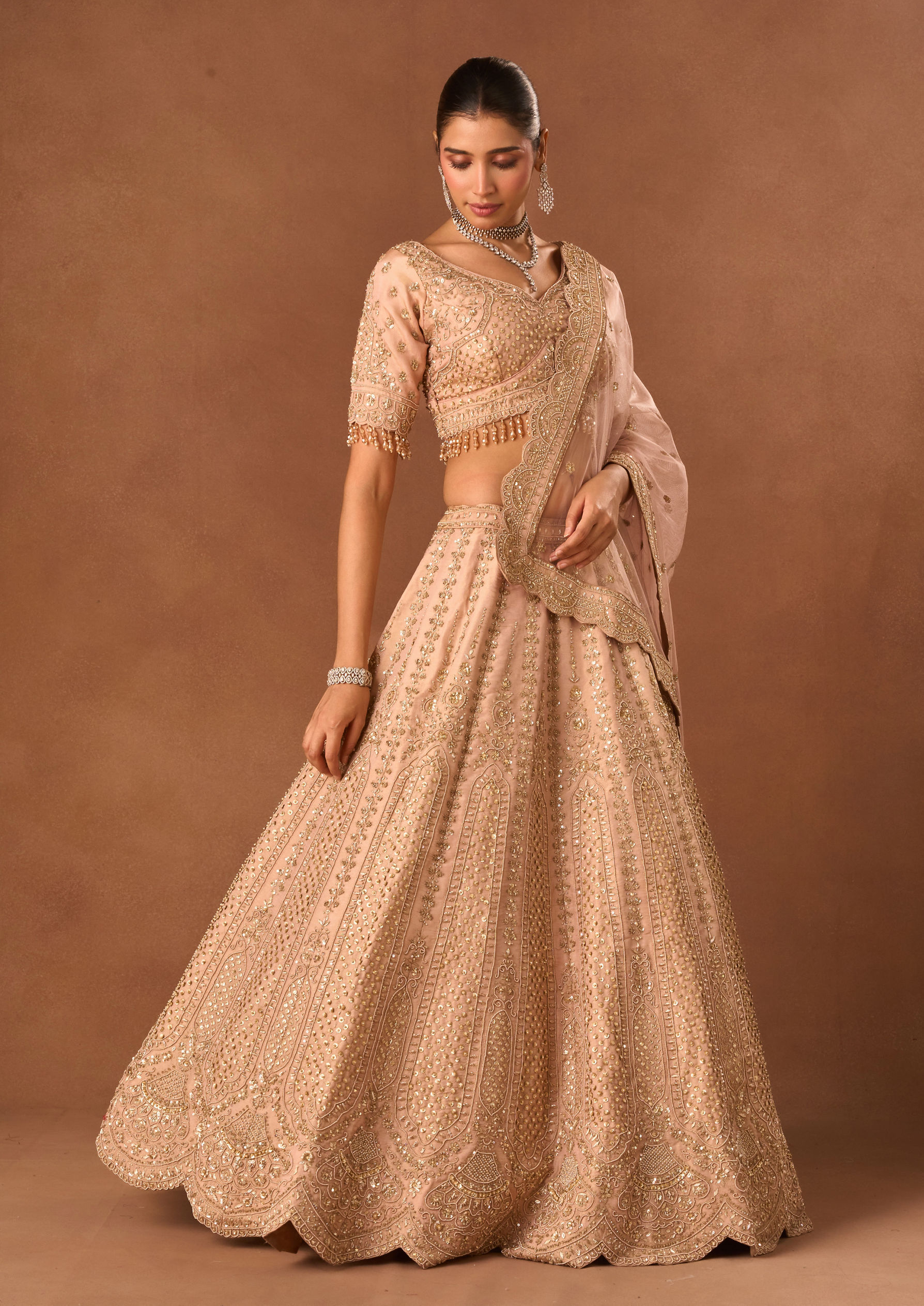 Twamev Women Light Pink Tissue Lehenga with Embroidery